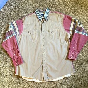 WRANGLER Men’s Tan Button Down Western Shirt X-Long Tails GUC